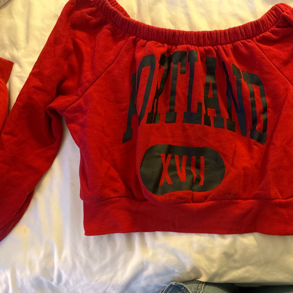 Off the shoulder cropped sweatshirt
